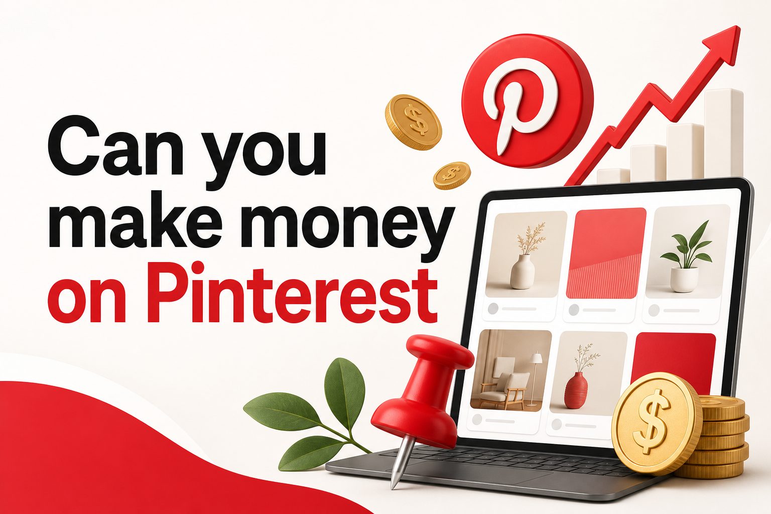 Person planning Pinterest content on a laptop with analytics and product ideas nearby